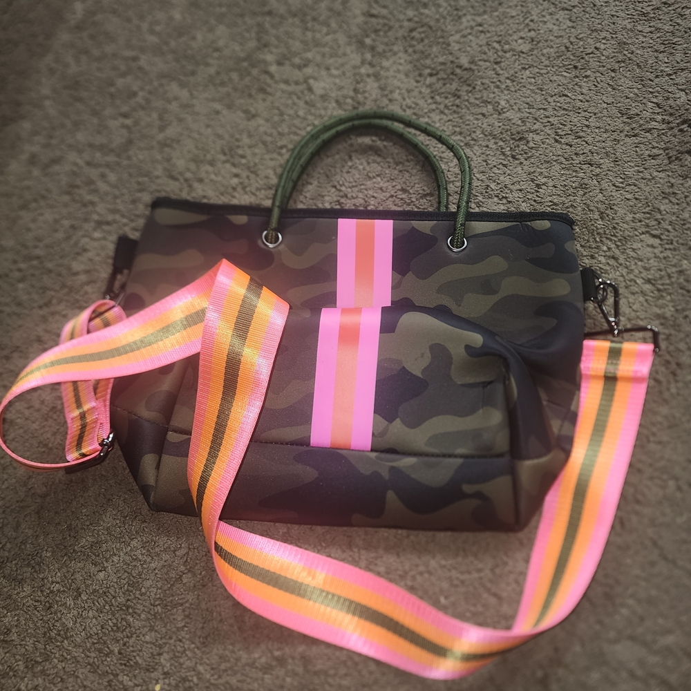 HAUTE SHORE Camouflage Tote with Pink and Orange Stripes